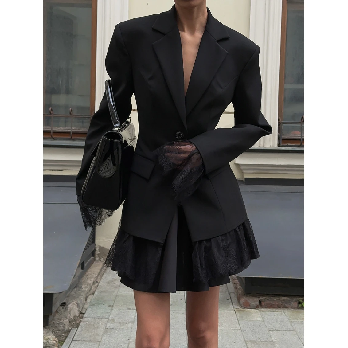 Elegant Black Lace Splice Long Sleeve Women's  Commute Style Fashion Design Polyester Fabric Business Casual Coat