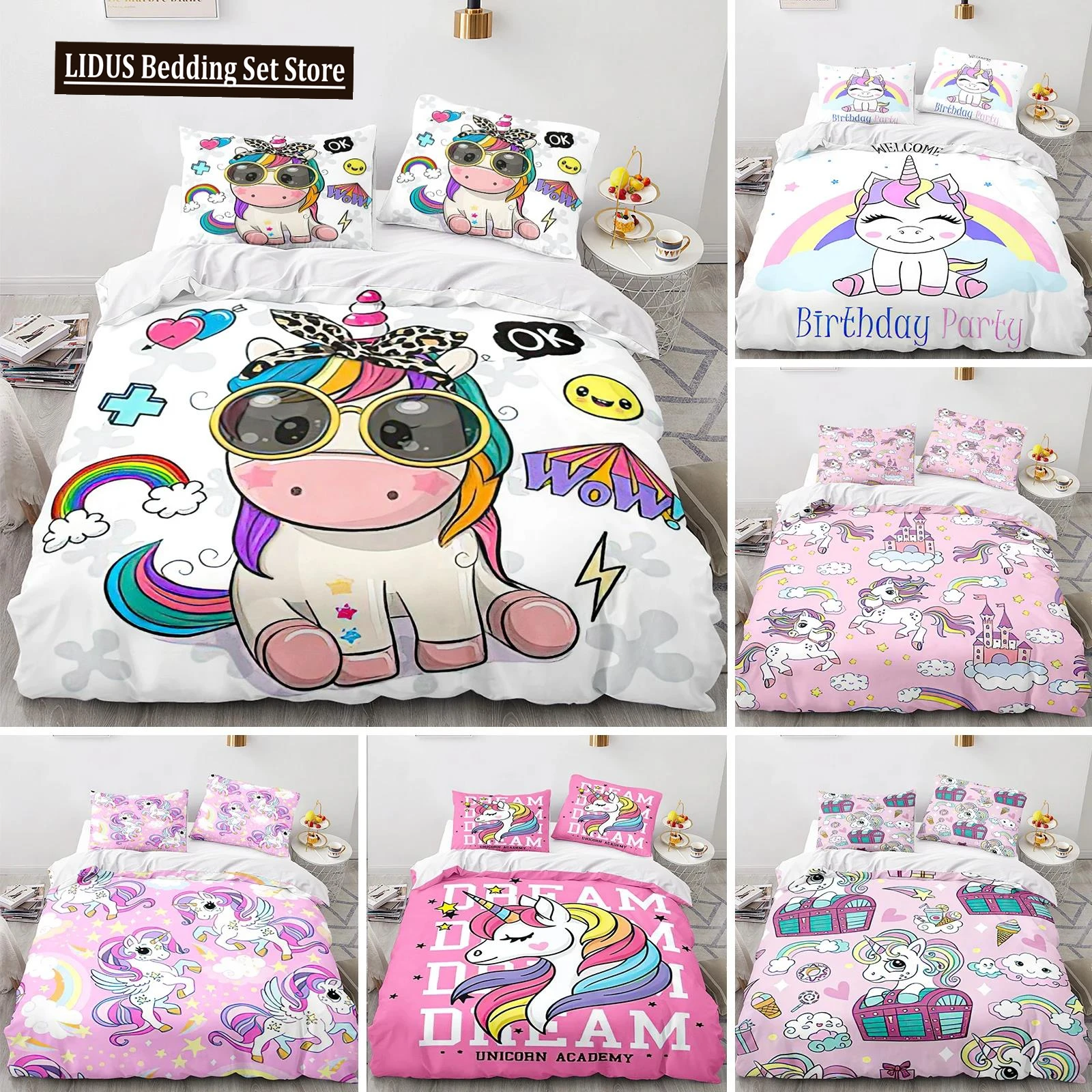 

Cartoon Unicorn Duvet Cover King Queen Lovely White Mythical Animal Bedding Set Kids Girl Colorful Rainbow Polyester Quilt Cover