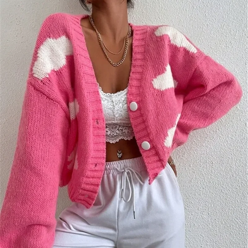 

Cardigan Y2k 2025Loose V-neck Cloud Drop Shoulder Knitted Cardigan Three-button Sweater Short Coat Pink