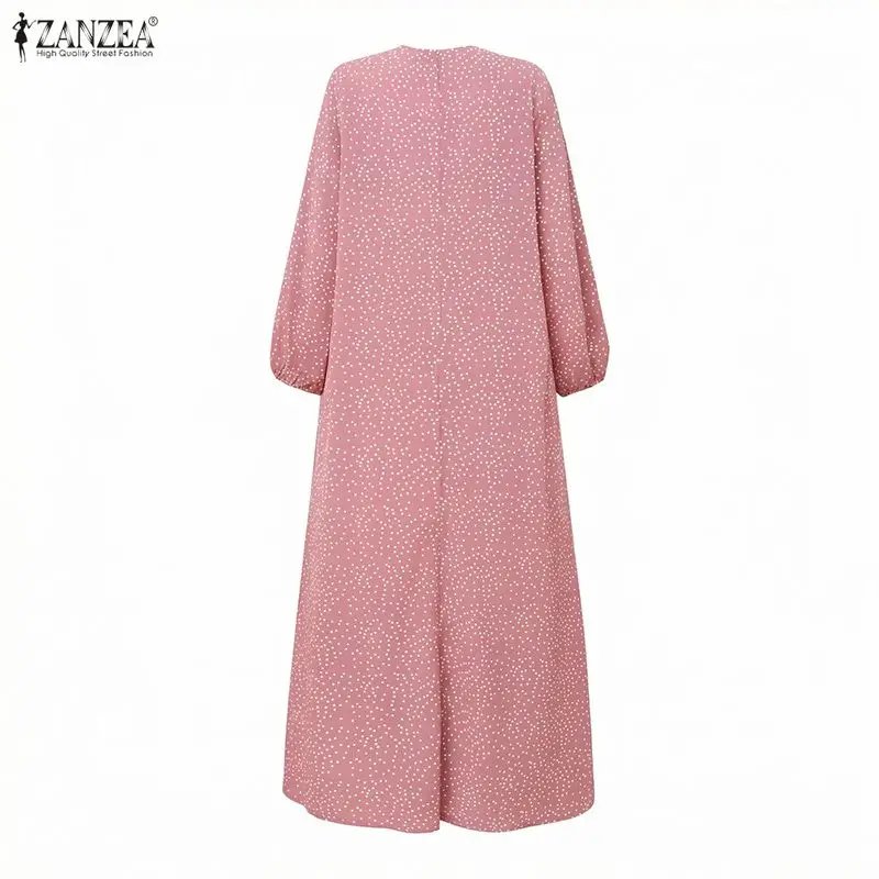 ZANZEA Muslim Modest Maxi Dress Women Dots Print O-Neck Long Sleeve Loose Abaya Robes Islamic Hijabis Ramadan Eid Kaftan
