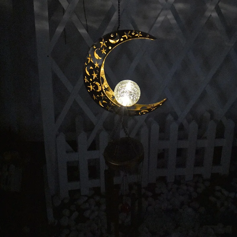 

Железные художественные колокольчики на солнечной энергии, полый дизайн, фонари с луной и солнцем для двора, декоративные подвесные украшения