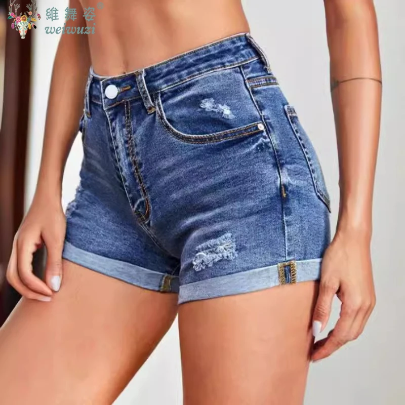 女性用カールデニムショートパンツ、ダメージジーンズ、カジュアルブルーハイウエストパンツ、夏用Aラインスリムフィットファッション、必須アイテム、通気性デニムショートパンツ