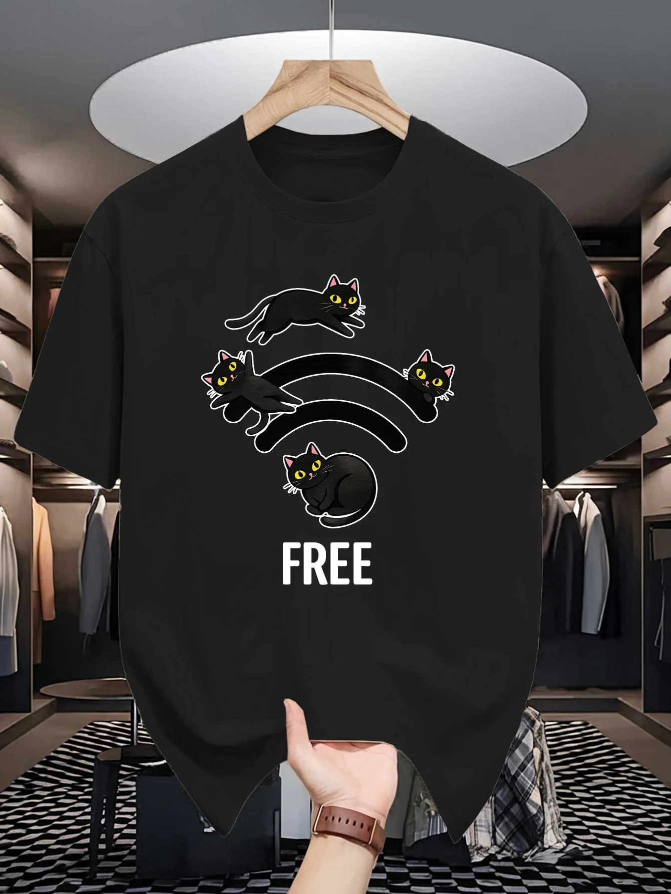 Humorous Black Cat Wifi Signal Graphic Mens Crew Neck T Shirt Cute Pet Cartoon Print Short Sleeve Casual Cotton Daily Street Top
