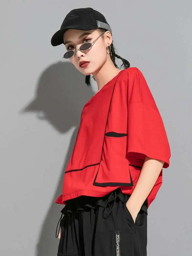 

Женская красная футболка большого размера с карманами и разрезом, новая модная футболка с круглым вырезом и рукавом три четверти, весна-лето