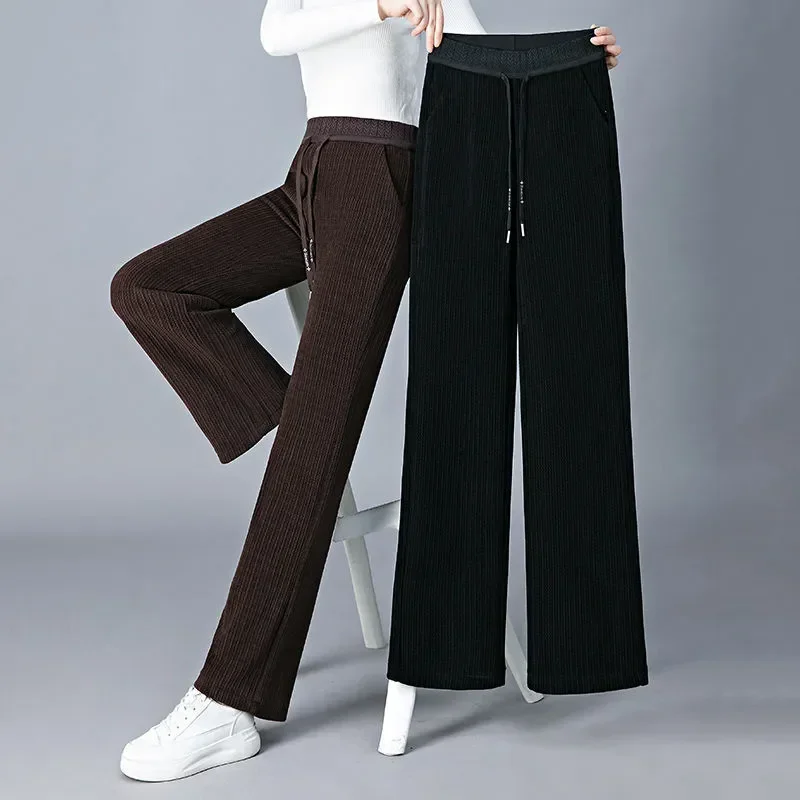 

Winter Warm Elastic High Waist Velvet Lined Straight Pantalones Women Thicken Loose Wide Leg Pants Casual Baggy Snow Wear Calca