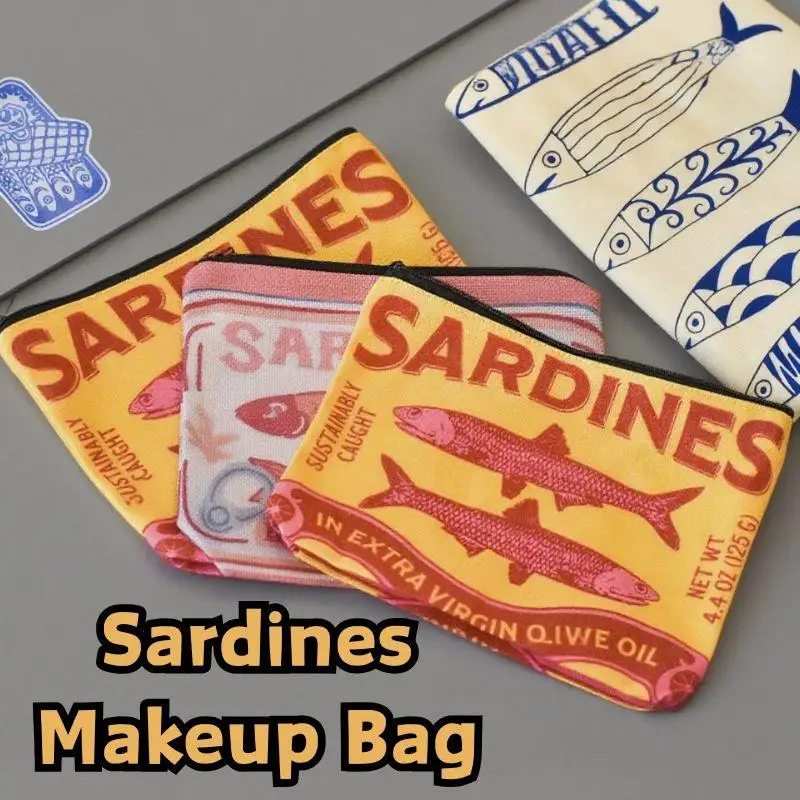 

Foldable Vintage Sardines Makeup Bag With Zipper Lightweight Travel Cosmetic Organizer Women Durable Storage Bag Change Purse