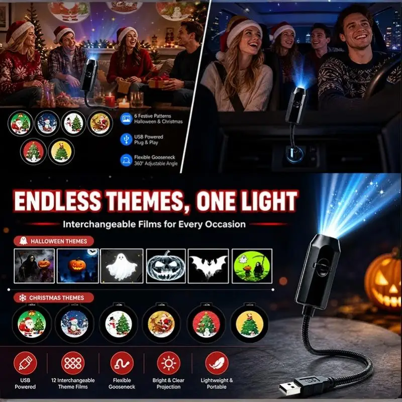 Portable USB Christmas Halloween Projector Light Multiple Holiday Scene Patterns With For Bedroom Wall Decoration