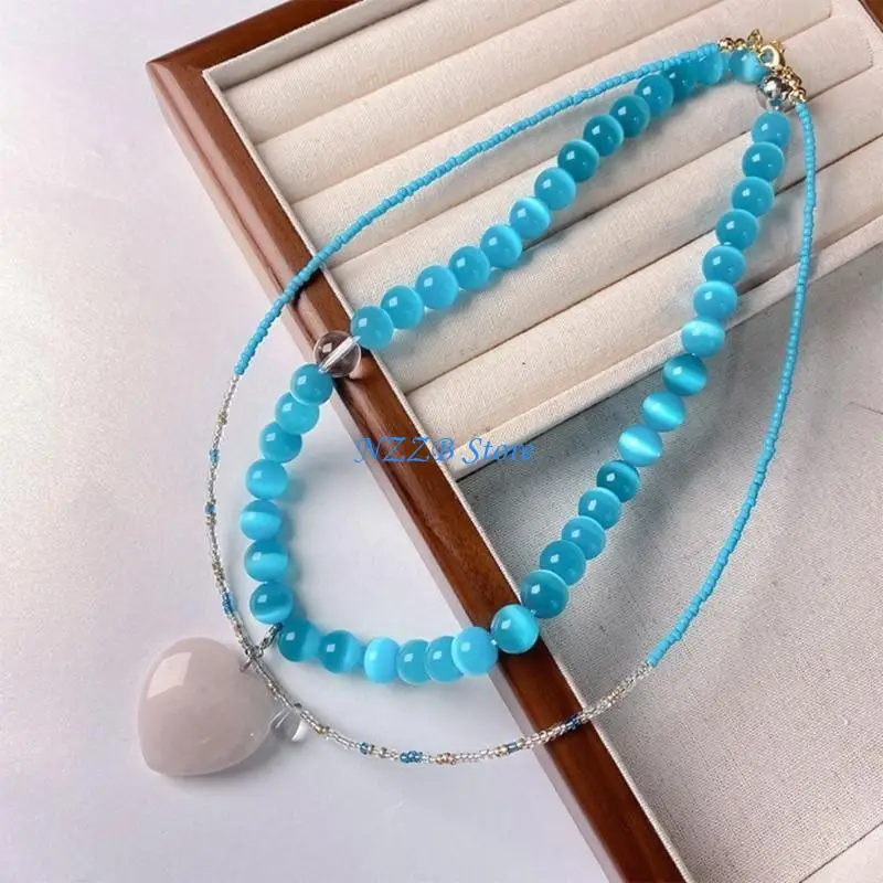 

T21F Stylish Blue Cats Eye Heart Pendant Necklace Portable Accessory for Ladies