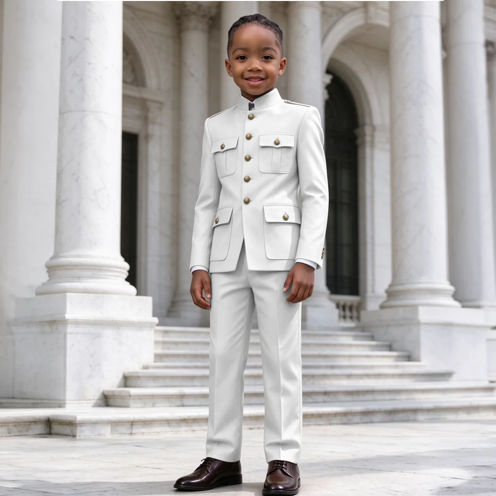 Boys' 2-Piece Suit with Mandarin Collar (Jacket & Trousers) – Gold Buttons, Formal Wedding Outfit, Tailored-Style Tuxedo