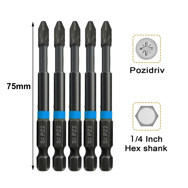 6Pcs PZ2 Screwdriver Bit with Bit Holder 75mm Pozidriv Screwdriver Set 1/4 Inch Hex Shank Magnetic Impact Driver Bit