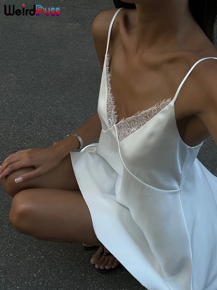 奇妙な小娘 Y2K W ネックドレス女性の夏のトレンドノースリーブバックレスメッシュシルクパッチワークエレガントな誕生日パーティーウエディングルーズボディコン