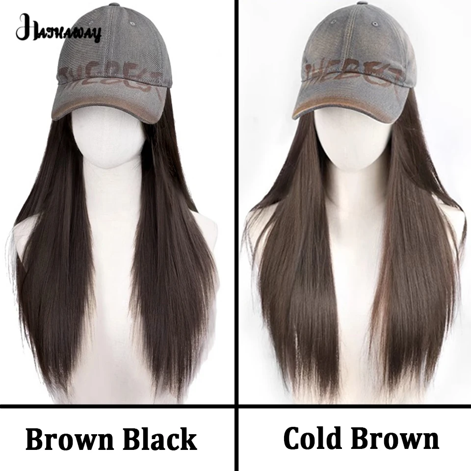 18 Inch Long Straight Hair Hat Wig Female Synthetic Hat Wig One Long Hair Fashion New Retro Baseball Long Straight Hair wig Hat