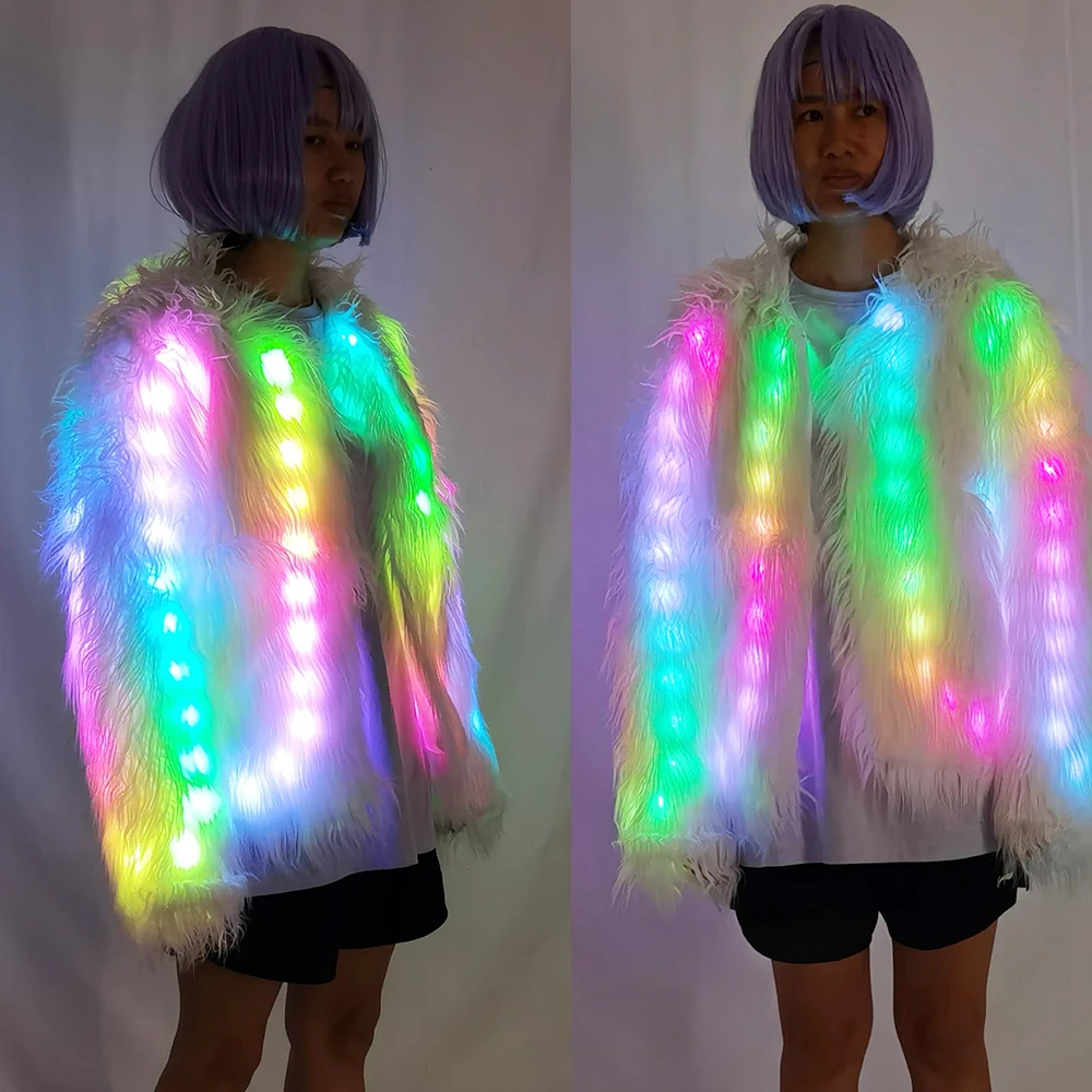 

LED Faux Fur Coat with Remote Control Dance Party Jacket Womens Light Up Costume Gogo Warm Costume Stage