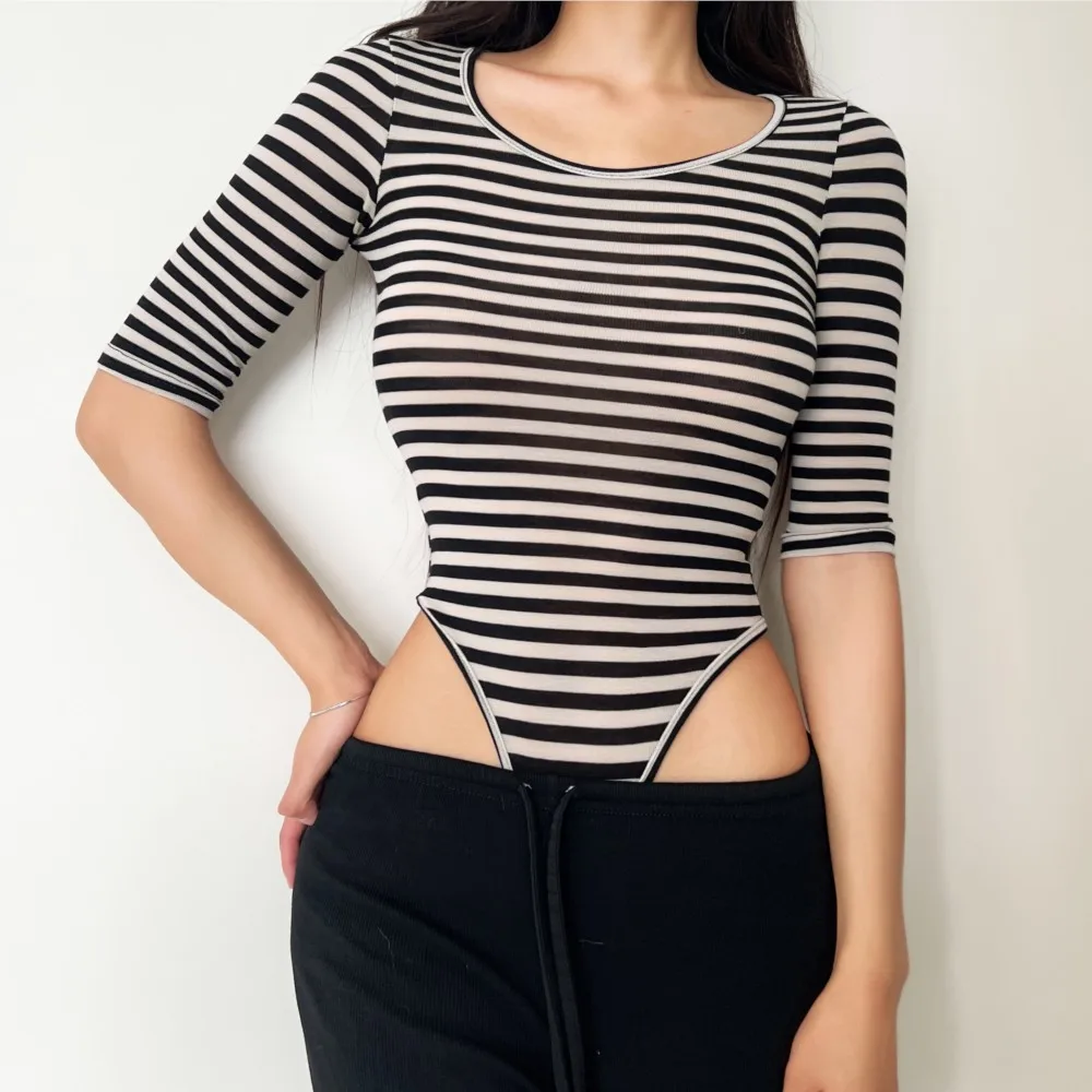 

Summer O neck Black Beige Horizontal Stripes Half Sleeve Bodysuit Woman Tight Short Jumpsuit Slim fit Rompers Playsuits