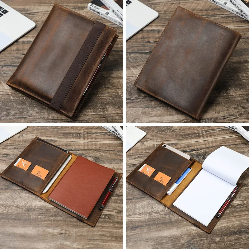 Crazy Horse Leather A5 Notebook Cover With Pen Slot Multi Functional Case For IPad Mini Journal Protector For Office Daily Work