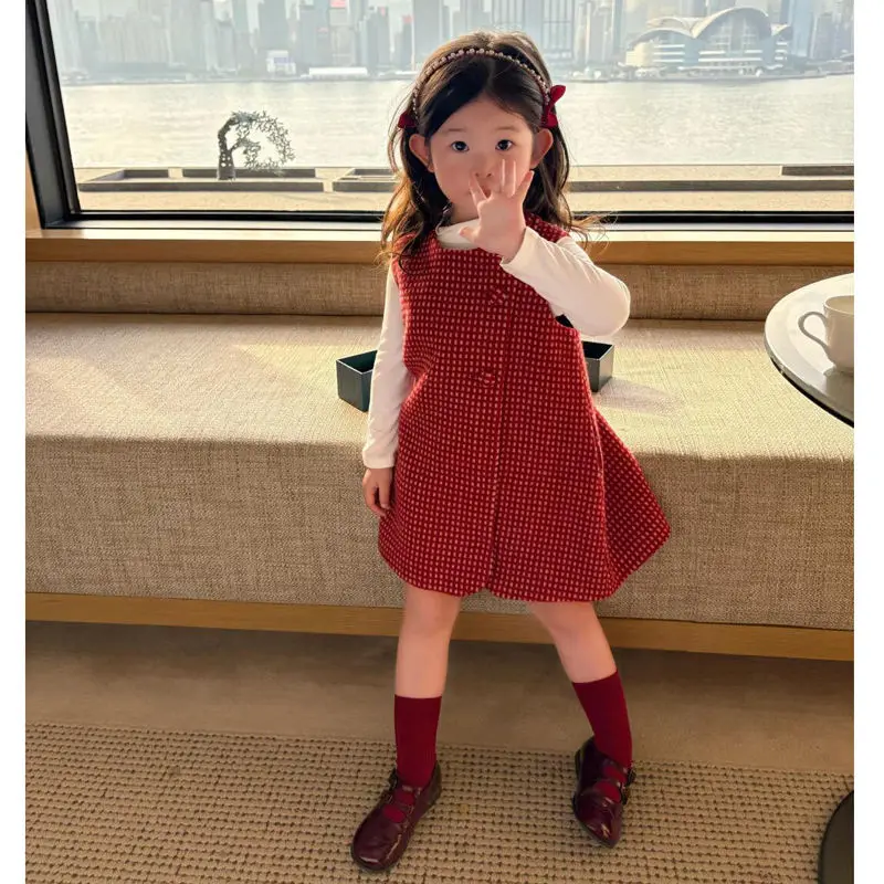 Korean Version Children's Clothing, Girls' Winter New Woolen Vest Skirt, Baby's Woolen Retro Red and White Checkered Dress