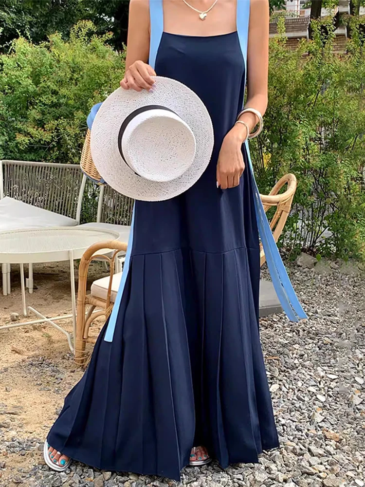 시크한 여름 젠틀한 분위기 컬러 블록 스트랩 스플라이스 플리츠 스커트 슬림핏 튜브탑 스트랩리스 드레스 하이웨이스트 롱 드레스