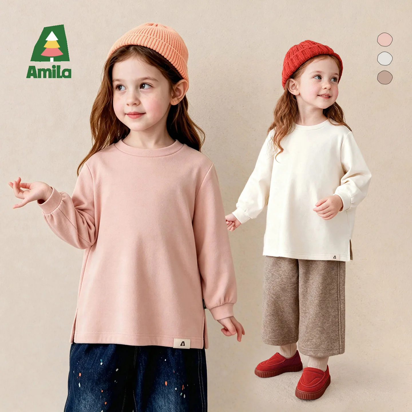 Amila 2026 Winter New Kids T Shirt Loose Fit Outer Wear Hip Covering Mid Length Crew Neck Extra Soft Cozy Daily Versatile Top