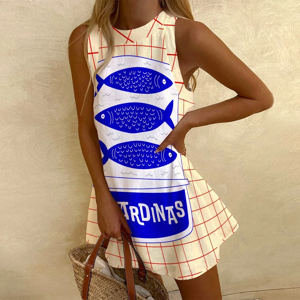 

Y2K Clothes Blue Ocean Fish With Light Yellow Base Dress With Sweet Breeze Tops For Women Seaside Vacation Clothing Trend Block