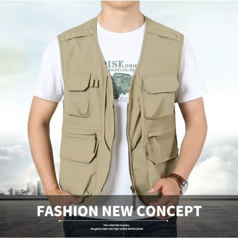 Male Coat Fishing Clothing Leisure Motorcyclist Vest MAN Waistcoat Men Work Multi Pocket Waterproof Hunting Sleeveless Parka Zip