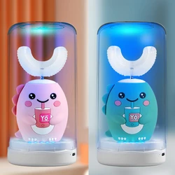 Cepillo de dientes sónico eléctrico en forma de U para niños, con patrón de dibujos animados, recargable, 360 grados, automático, luz azul, IPX7