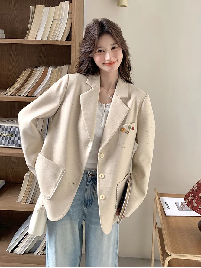 

Ladies Blazers High Quality Uniform Literary Brazer Chinese Apricot Floral Tassels Fringed Beaded Women'S Buckle Personalized