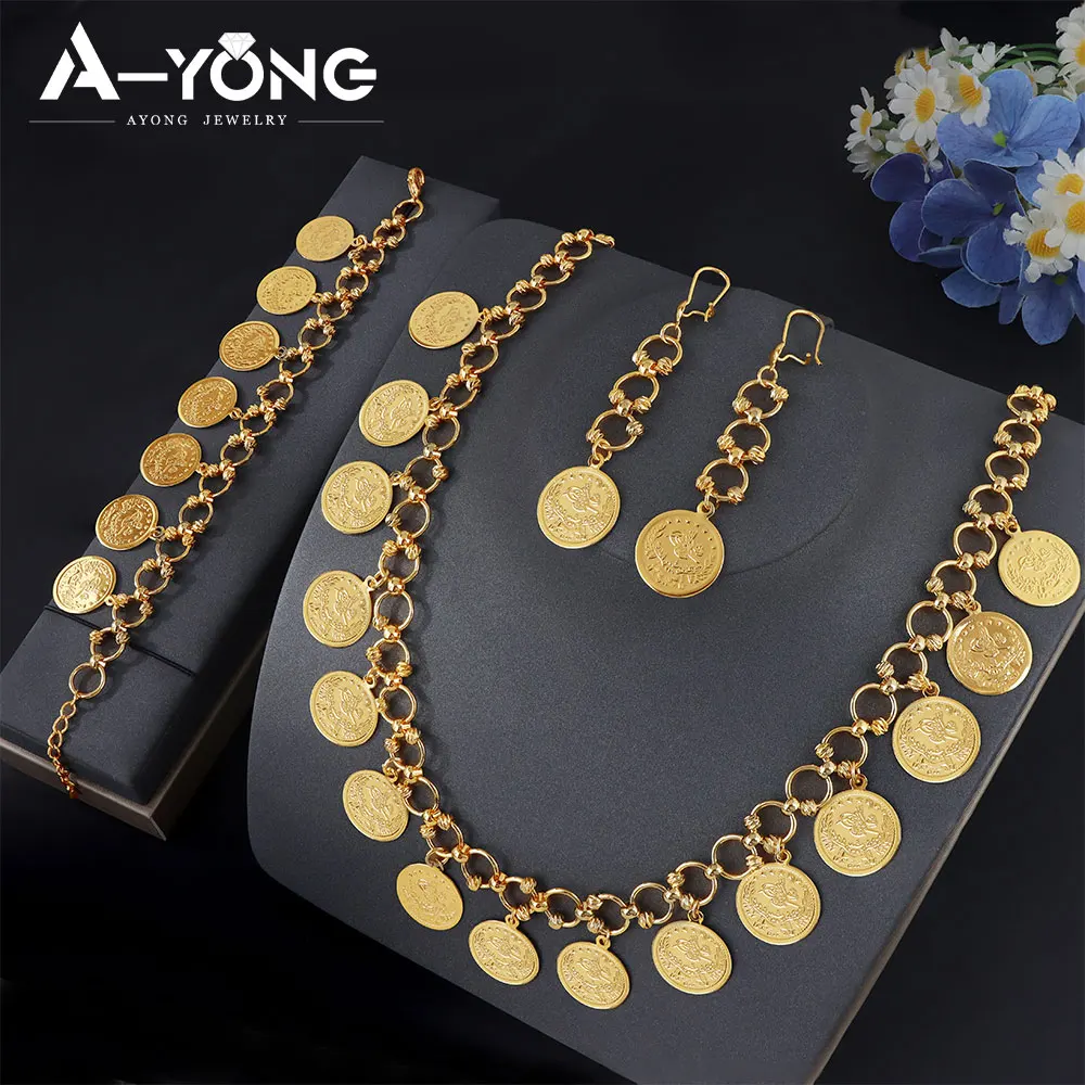 Arabic Fashion Coins Jewelry Set 24k Gold Plated Nigeria Bridal Necklace Bracelet Earrings Dubai Women Wedding Jewelrys