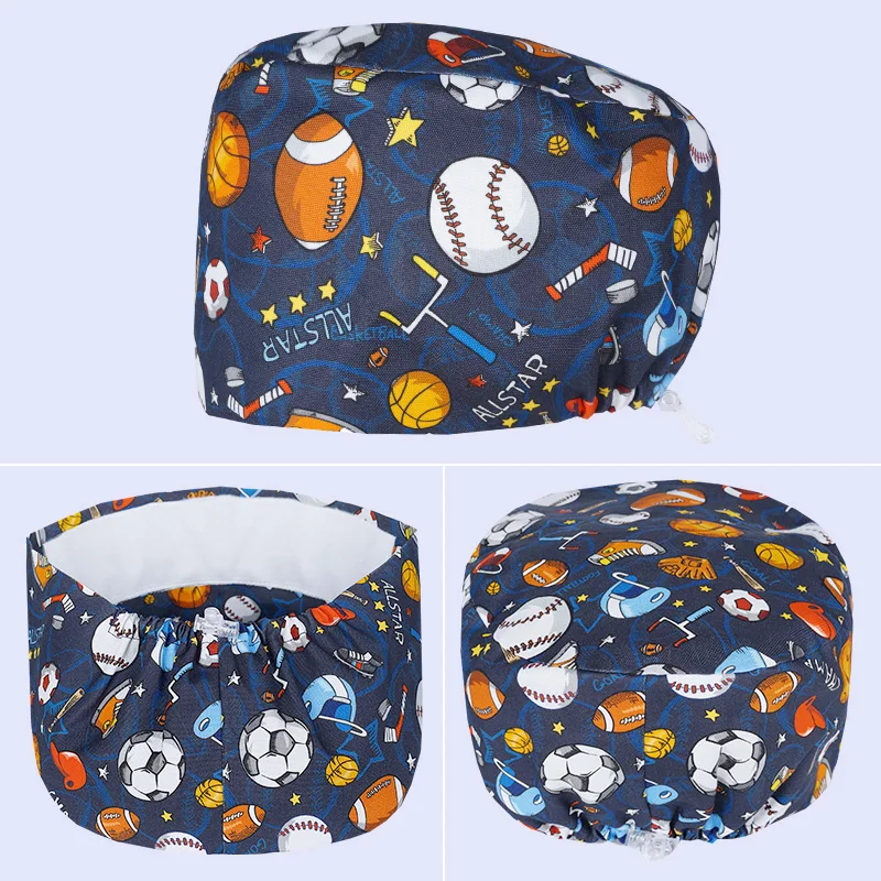 

100% Premium Cotton Football Printed Scrubs Cap High Quality Beauty Care Center Headgear Breathable Laboratory Work Hat k1051