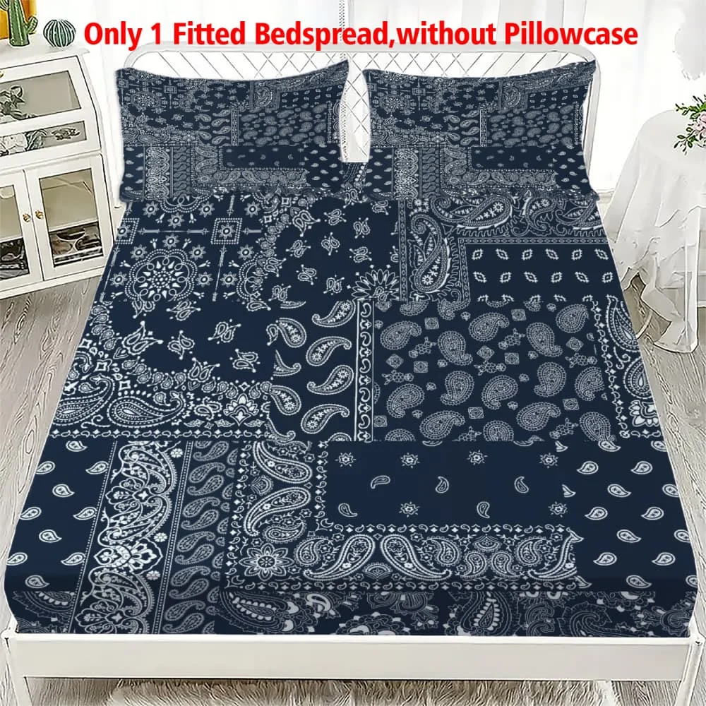 1pc Navy Blue Patchwork Paisley Print Fitted Sheet Deep Pocket Elastic Mattress Cover Single Double Queen King Bedroom Decor