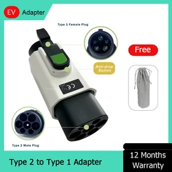 Anti-Drop 32A 220V 7KW 7.4KW AC Type 2 IEC 62196-2 Male To Type 1 J1772 Female Electric Vehicle Adapter