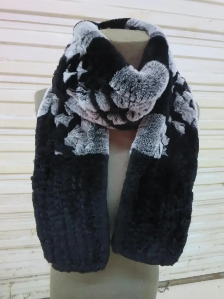 Women's Rex Rabbit Fur Knitted Scarf Winter Warm Neckerchief Shawl Handmade Fluffy Soft Hollow out woven pattern