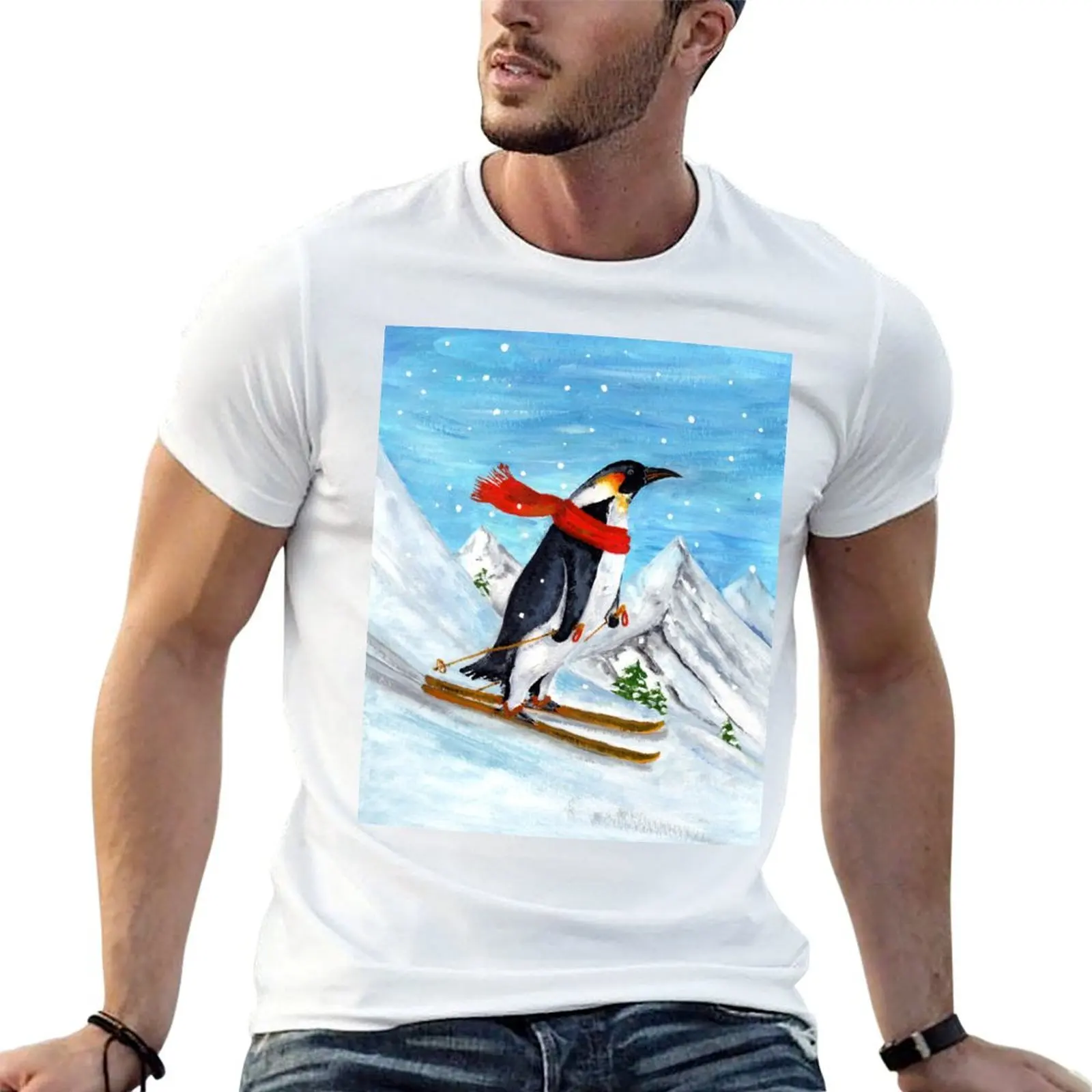 

Vintage Style Penguin Downhill Skiing T-Shirt plain Blouse anime t shirts mens graphic t-shirts pack