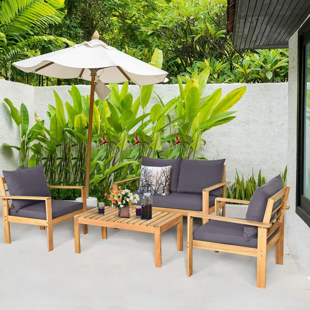 

Outdoor 4Piece Acacia Wood Chat Set, 4 Seater Acacia Wood Conversation Sofa and Table Set with Waterproof Furniture Cover, Teak
