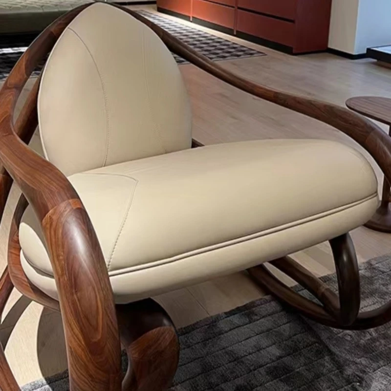 

Balcony walnut Italian chair, curved rocking chair, living room solid wood leisure leather rocking chair