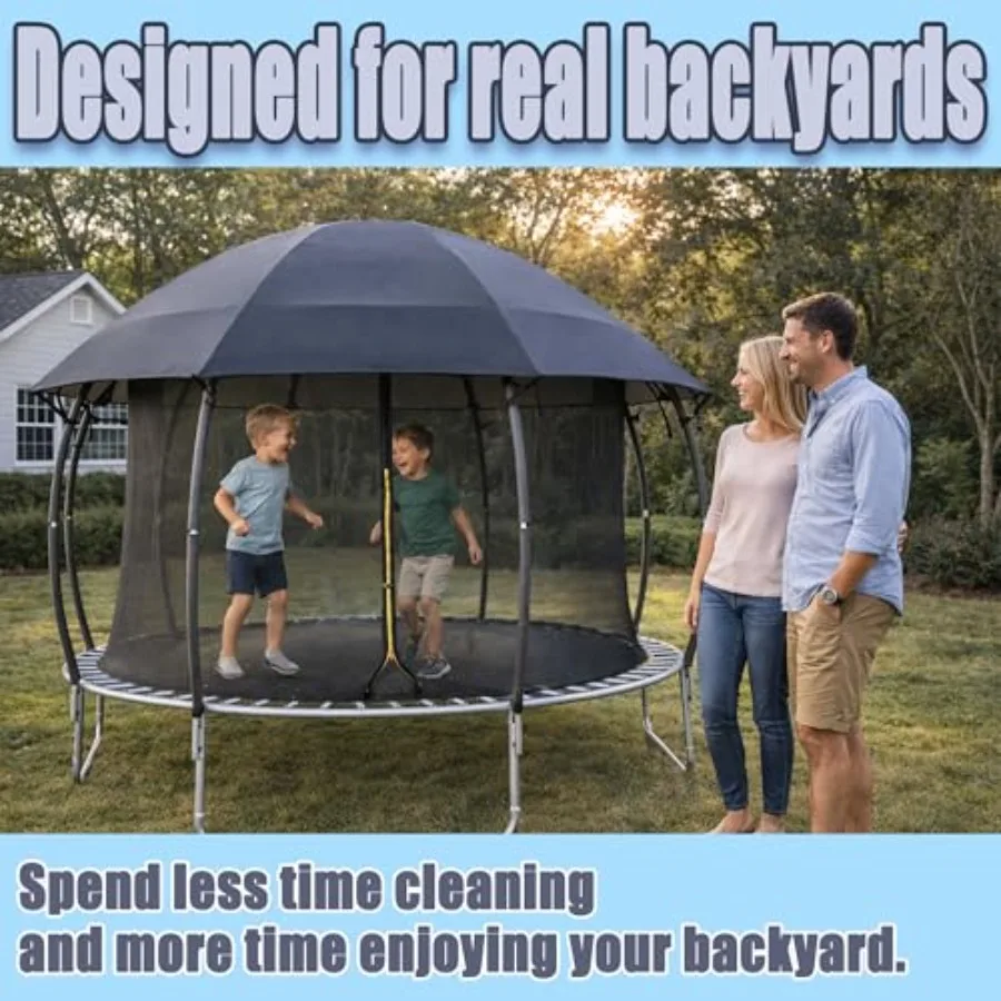 Backyard trampoline canopy cover: 10FT-16FT dome style 600D heavy-duty waterproof fabric black curved roof design prevents wate