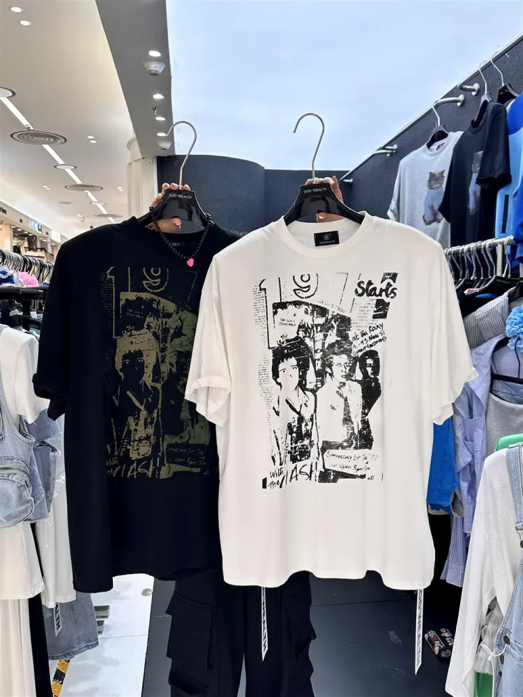 Camiseta Feminina de Algodão com Estampa Retrato e Ombreiras Soltas, Nova Coleção de Verão Coreana Dongda Gate