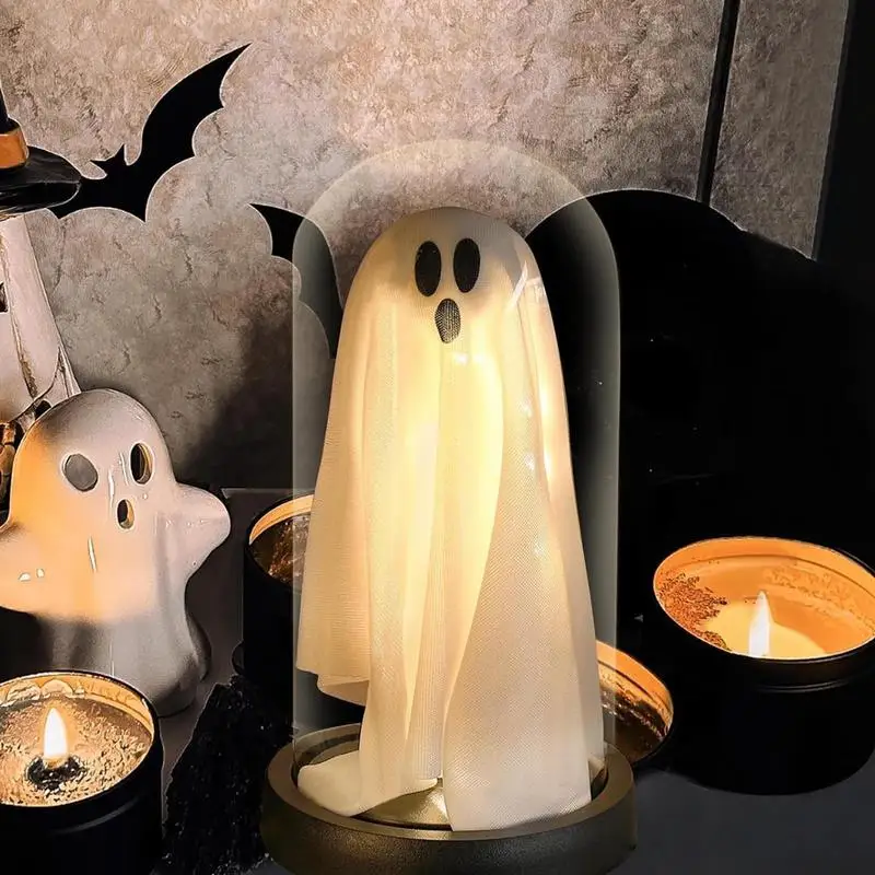 Halloween Ghost Cloche Lighted Ghost Under Glass Dome Holiday Small Ghost Desk Ornament For Incorporating Festive Customs