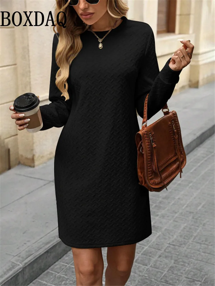 Womens Autumn Winter Solid Pullover Straight Dress Fashion O-Neck Long Sleeved Short Dress Casual Ladies Mini Dresses Vestidos