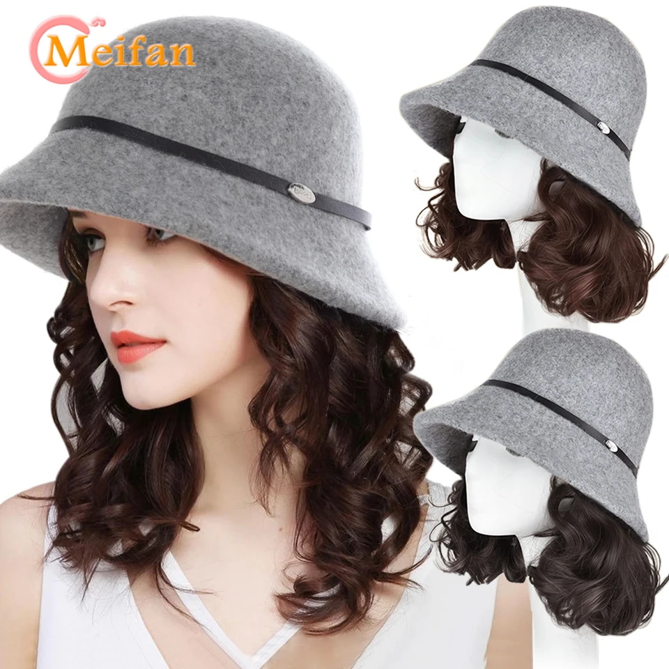 

Winter Warm Grey Bucket Hat Wig Synthetic Black Brown Short Curly Hat Wig for Women Wide Edge One-piece Hat Wig Daily Wear