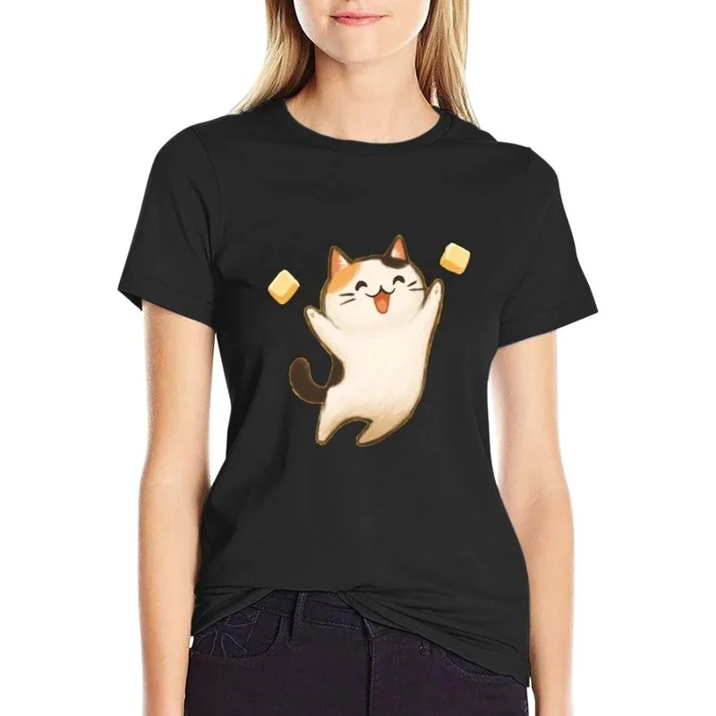 Cute Surprised Cat Print T-Shirt Women’s Casual Short Sleeve Top Funny Excited Cartoon Cat Print Soft Crew Neck Daily Wear Top