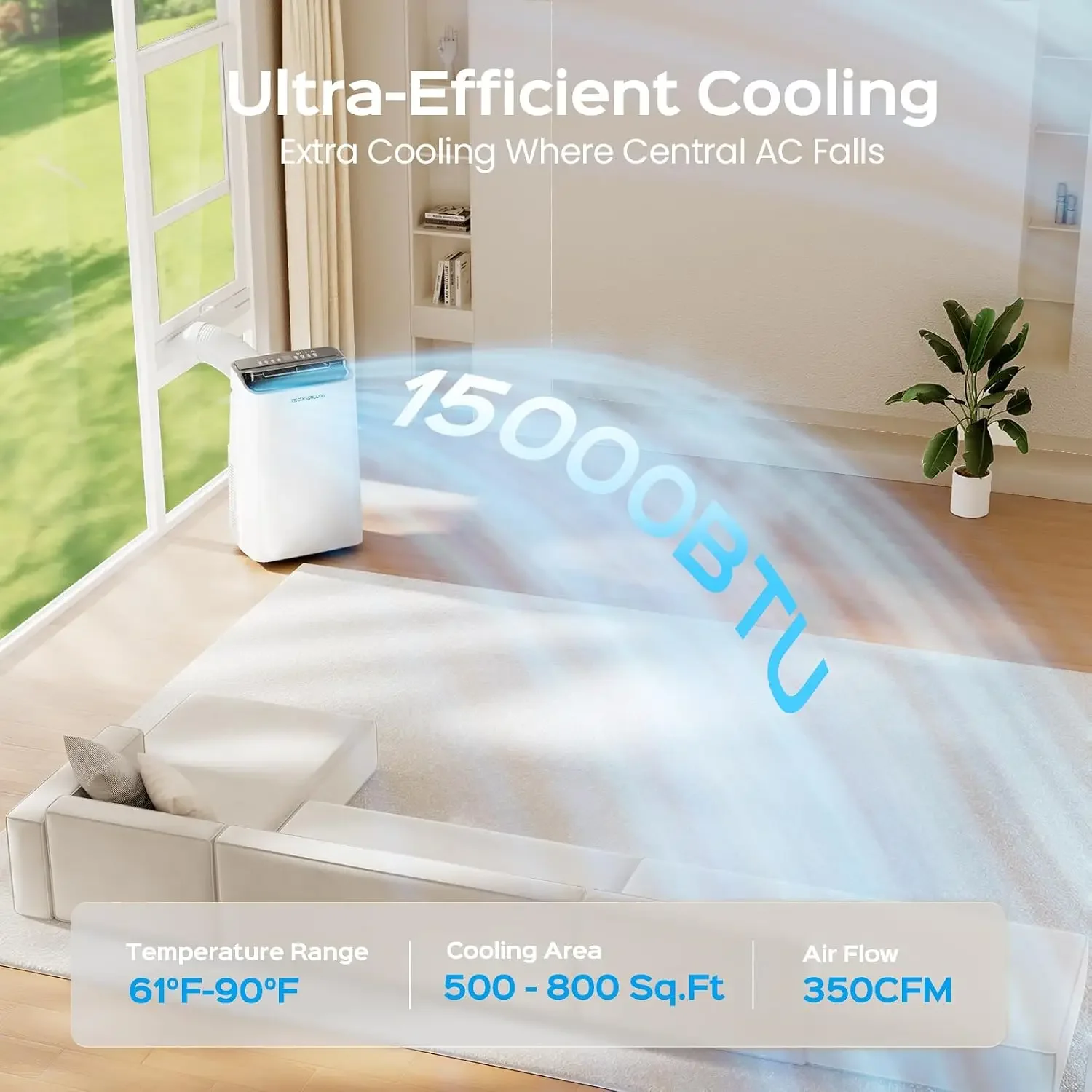 TECXERLLON 15,000 BTU Portable Air Conditioner for Large Room Up To 800 Sq. Ft., Quiet 48dB 4-in-1 AC Unit with Dehumidifier, Self-Evaporating, Sleep Mode, Remote & Window Kit