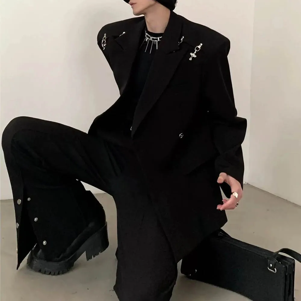 Mens Jacket Metal Buttons Shoulder Pads Casual Suit Jacket Streetwear Fashion Nightclub Stage Performance Top Men'S Clothing