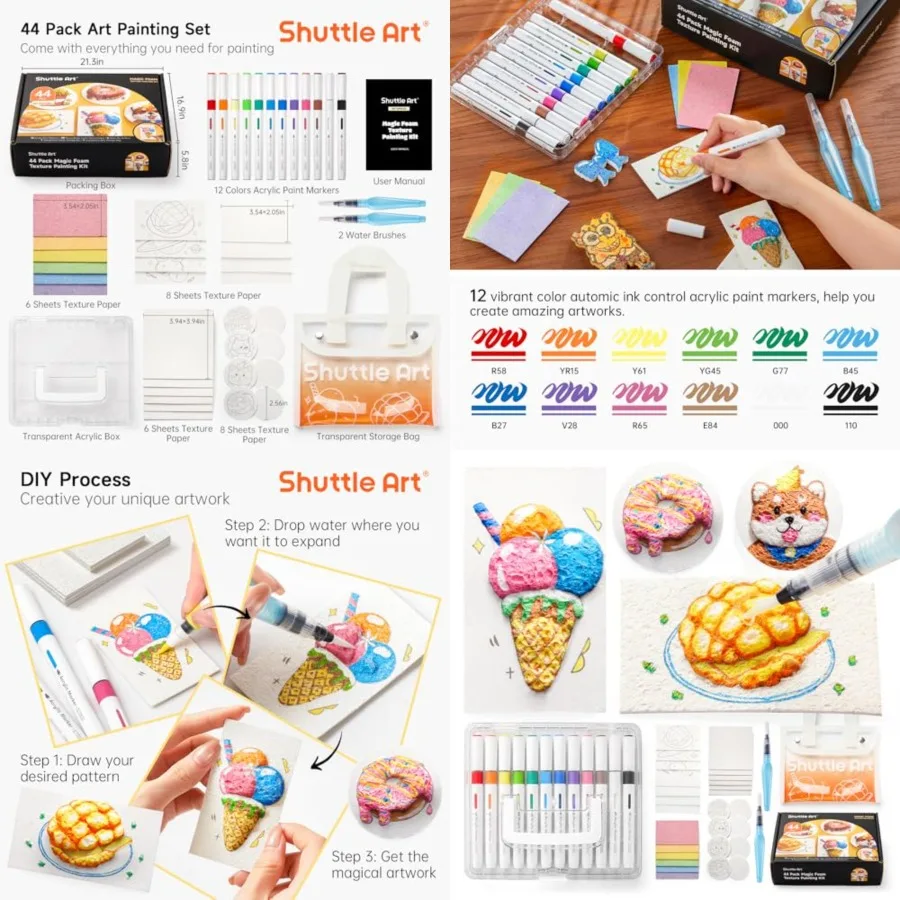 

44 шт. Набор для рисования волшебной пенопластовой текстуры, включая 28 шт. пенопластовой текстурной бумаги, 12 цветов, кончик кисти, акриловые маркеры, волшебные 3D