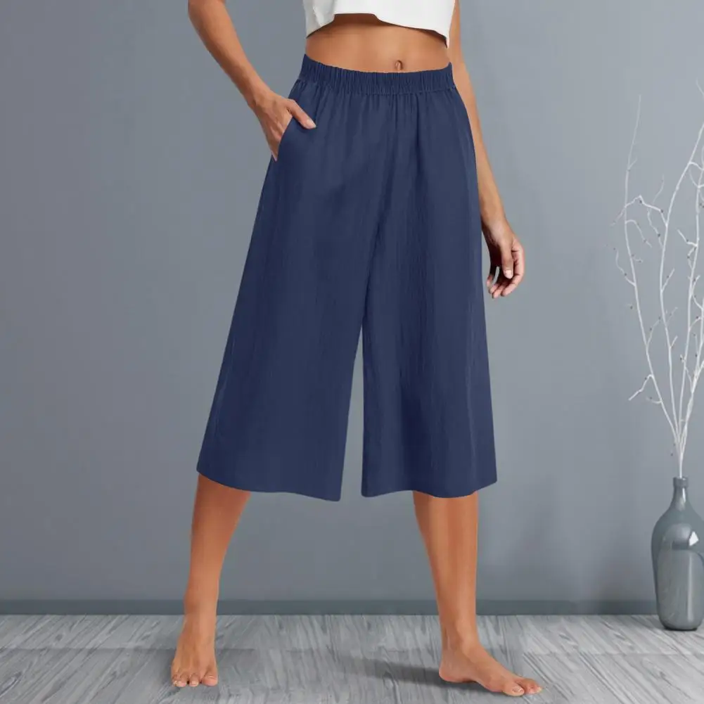 Женские свободные широкие брюки из полиэстера, летние женские однотонные уличные брюки с высокой эластичной резинкой на талии и пуговицами, однотонные брюки