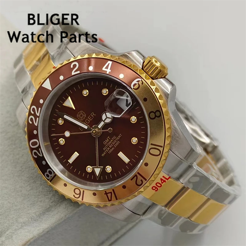 BLIGER 40mm Rootbeer GMT Men Watch NH34 Automatic Movement Luxury Two Tone Gold Case Bracelet Brown Dial Luminous Sapphire Glass