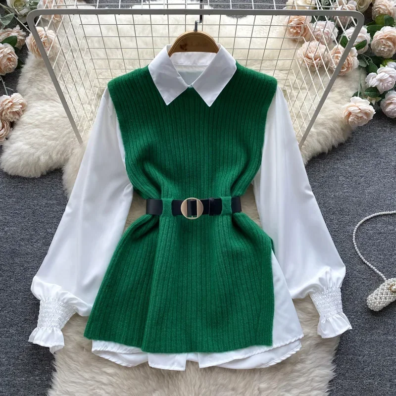 Women Outfits Loose Shirt Turndown Collar Long Sleeve Top Sashes Slit Knit Vest Two Piece Set Female Blouse 2024 Casual Suit