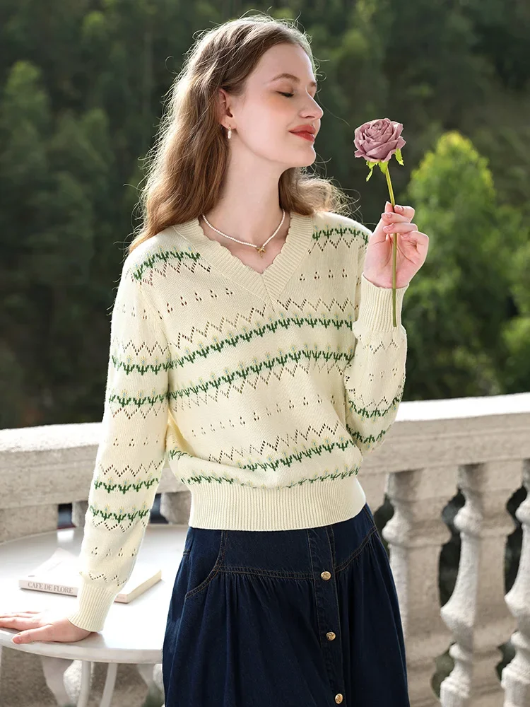 I BELIEVE YOU albicocca con scollo a v maglioni lavorati a maglia cava per le donne camicia con fondo interno 2024 primavera nuovo Pullover Chic top
