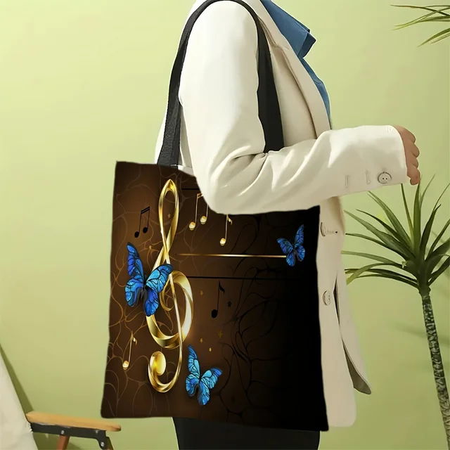 Modna torebka Golden Music Butterfly Piano Pattern Printing Bags, Casualowa torba na zakupy o dużej pojemności, Kawaii Torba na ramię