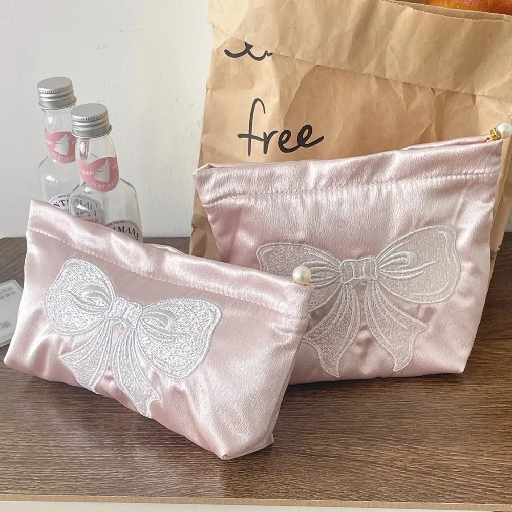 

Cute Pink Bow Makeup Bag Pearl Zipper Bow Embroidery Toiletry Storage Pouch Handbag Cosmetic Bag Travel
