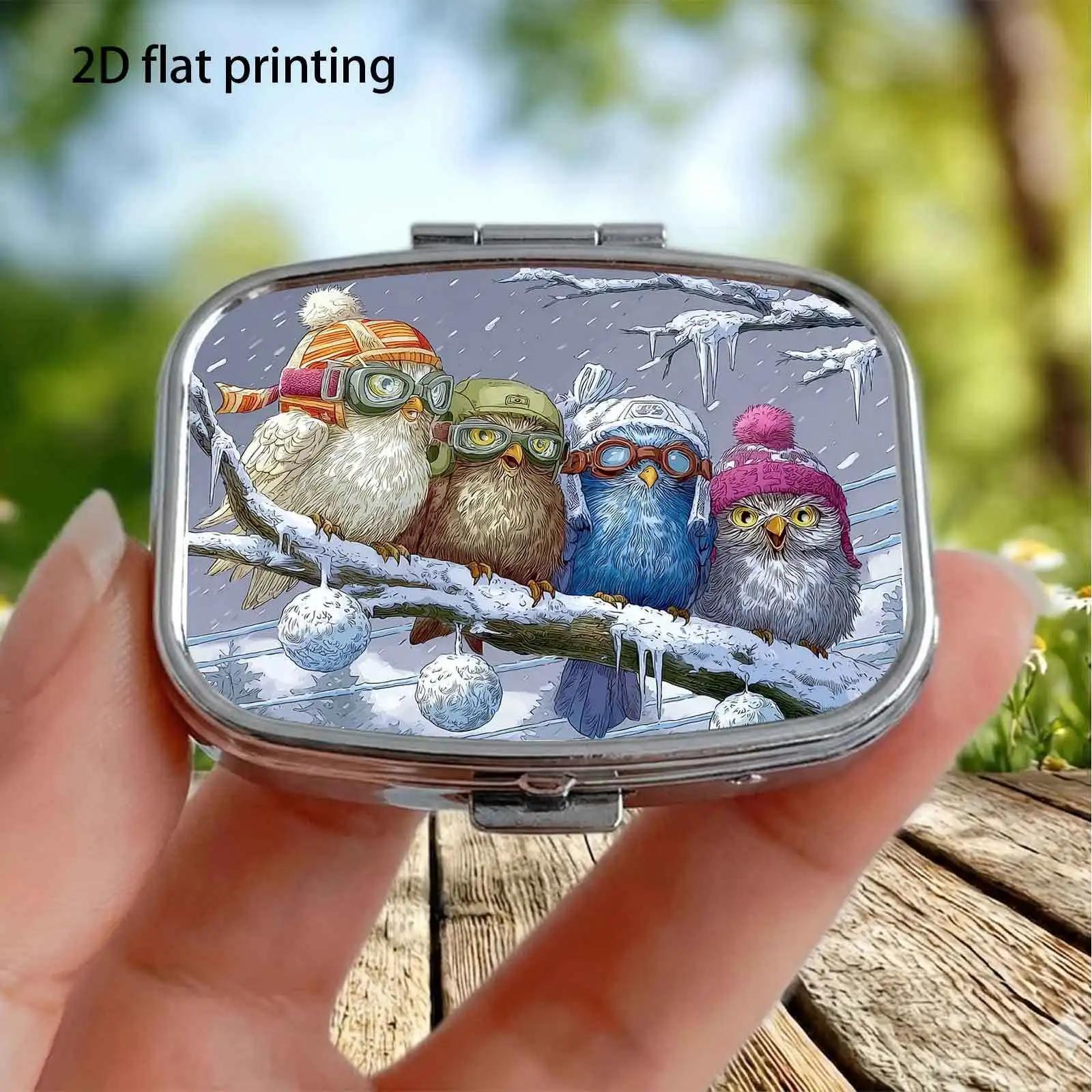 1 piece, flat, square double-compartment storage box, decorated with four snow owls wearing knitted hats, portable pill box, brightly colored, suitable as an exquisite gift or birthday present, made of metal
